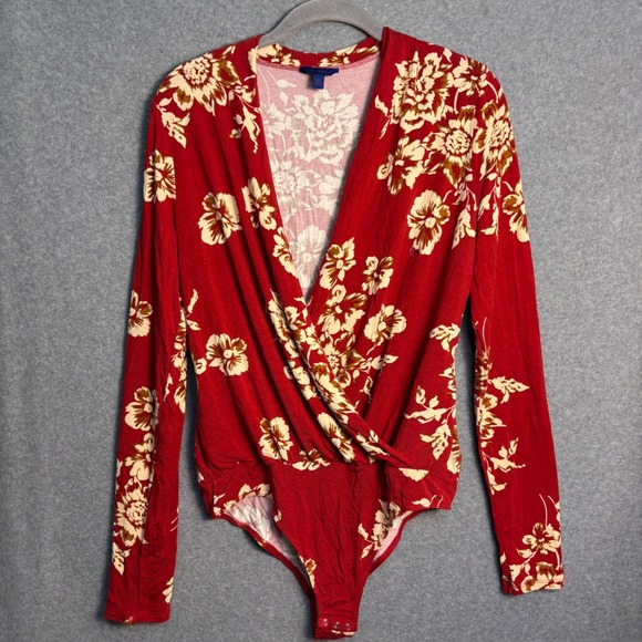 Aeropostale Tops - Aeropostale Floral Surplice Bodysuit Women's Medium Red Rayon Long Sleeve Boho